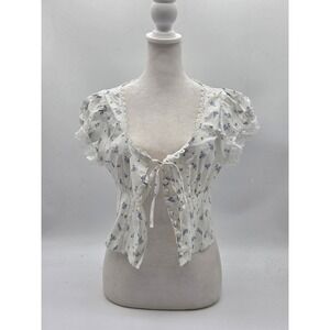 Mine Women's L Blue Floral Lace Trim Tie Front Blouse NWT 101-439